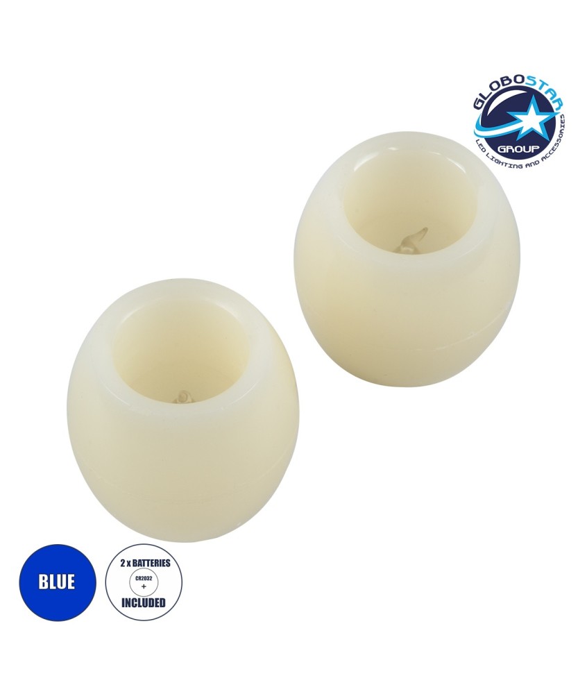 GloboStar® CANDLE 79548 ΣΕΤ 2 x Διακοσμητικά Realistic Κεράκια με LED Εφέ Κινούμενης Φλόγας - Μπαταρίας 2 x CR2032 Μπλε Μπεζ D6 x H5cm